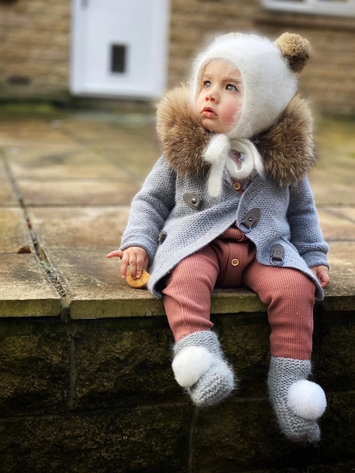 Honeycomb Grey Cashmere Pram Coat with Natural Trim