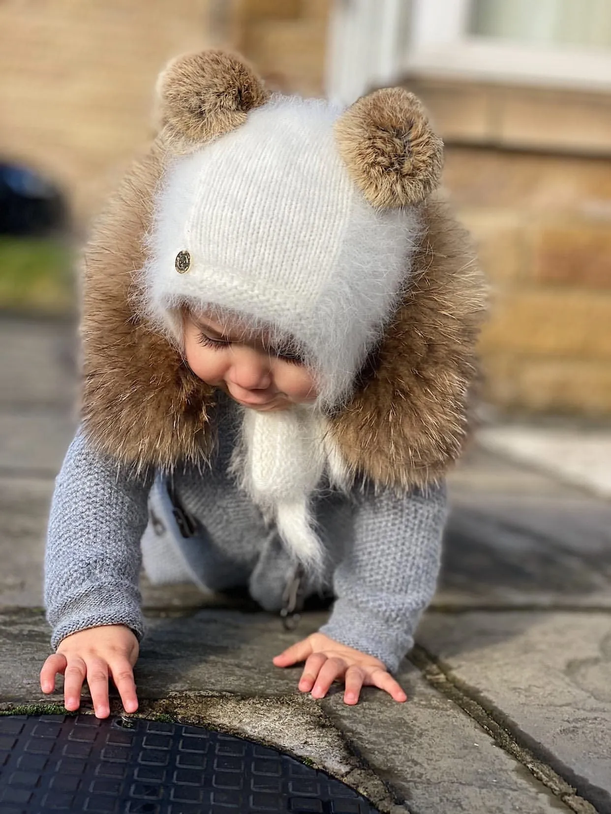 Honeycomb Grey Cashmere Pram Coat with Natural Trim