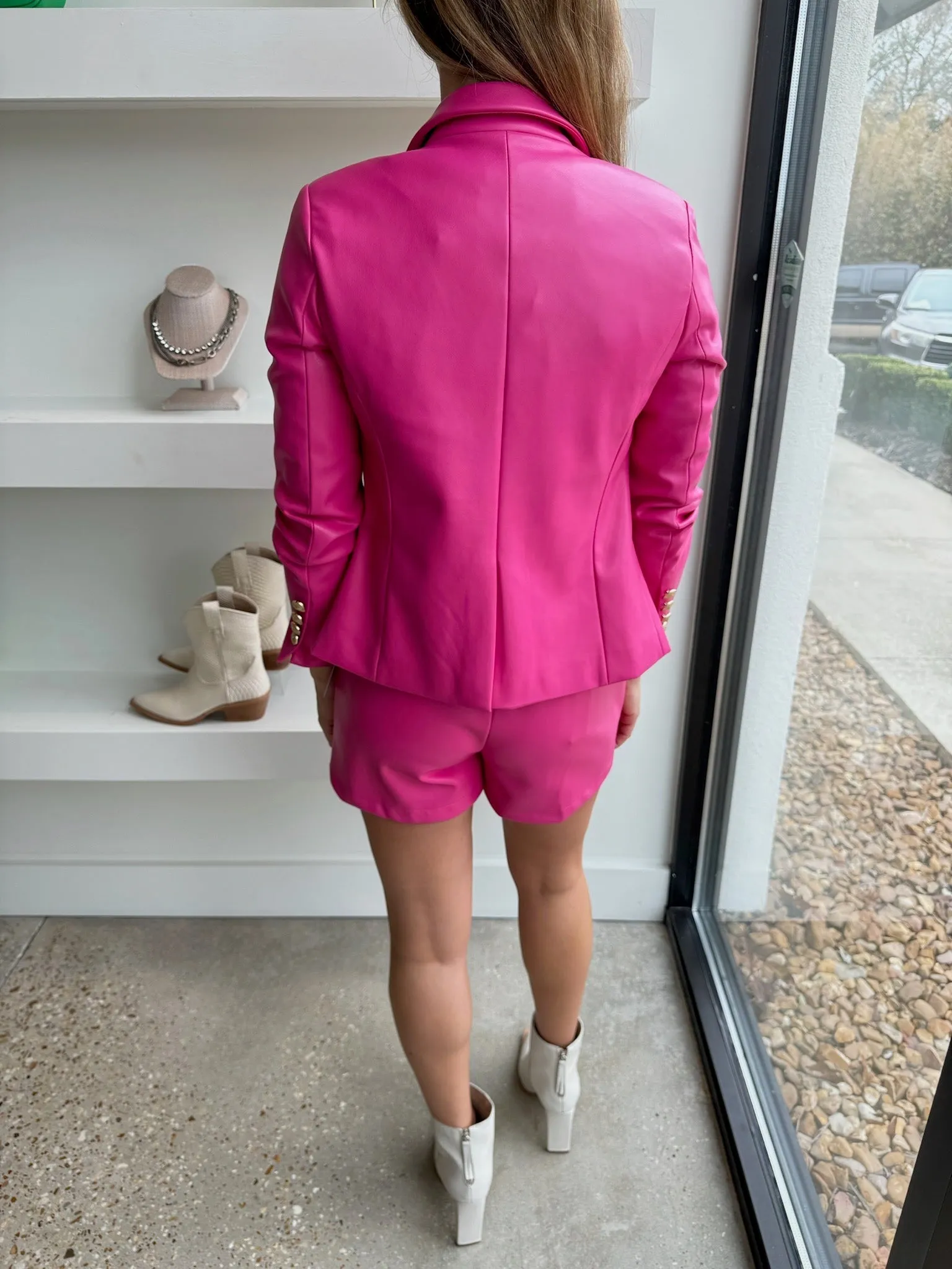 Hot Pink Vegan Leather Double Breasted Blazer