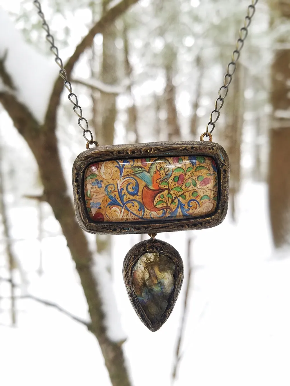 Illuminated Manuscript Beastie ~ Labradorite Pictorial Shrine Amulet