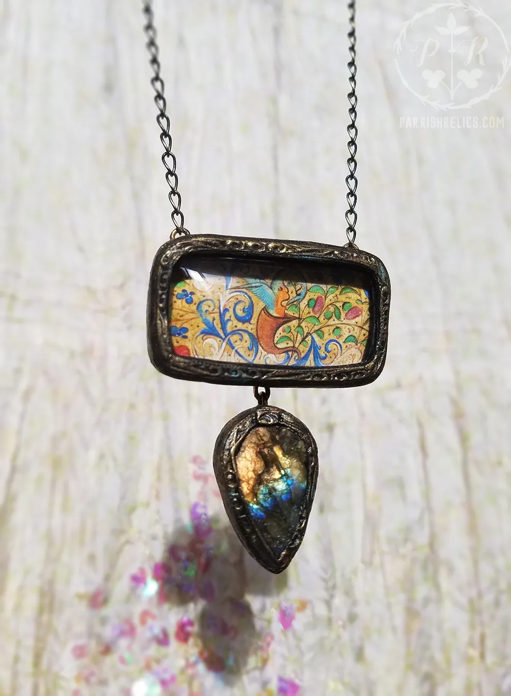 Illuminated Manuscript Beastie ~ Labradorite Pictorial Shrine Amulet