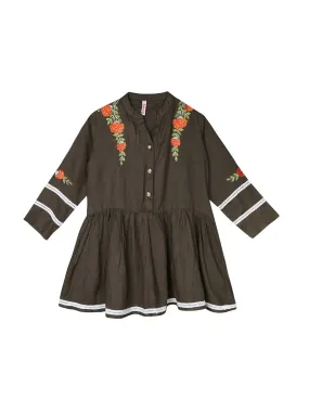 Ishin Girls Viscose Rayon Brown Embroidered Top