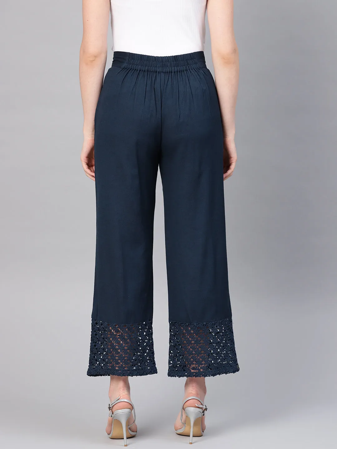 Juniper Navy Blue Cotton Flex Solid Wide Leg Women Palazzo With One Pocket