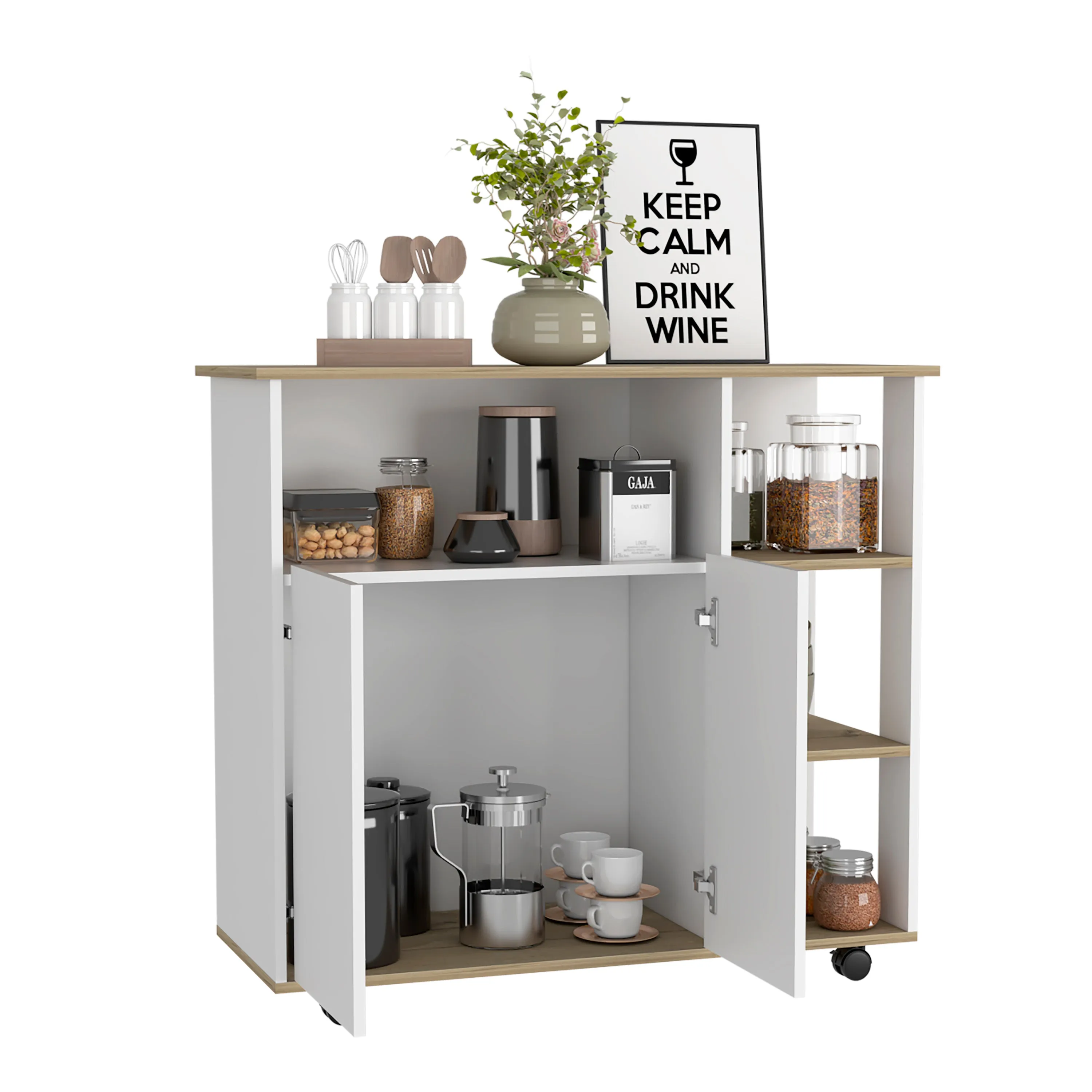 Kitchen Island Kamkacht Cabinet 4 Open Shelves Light Oak/White