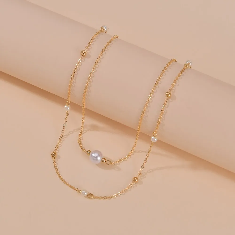 Large Faux Pearl Double Layer Stacking Ladies Necklace Alloy Neck Jewelry Gift