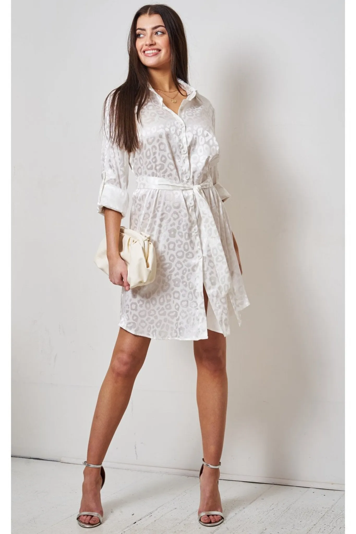 Love Frontrow White Jacquard Leopard Print Shirt Dress