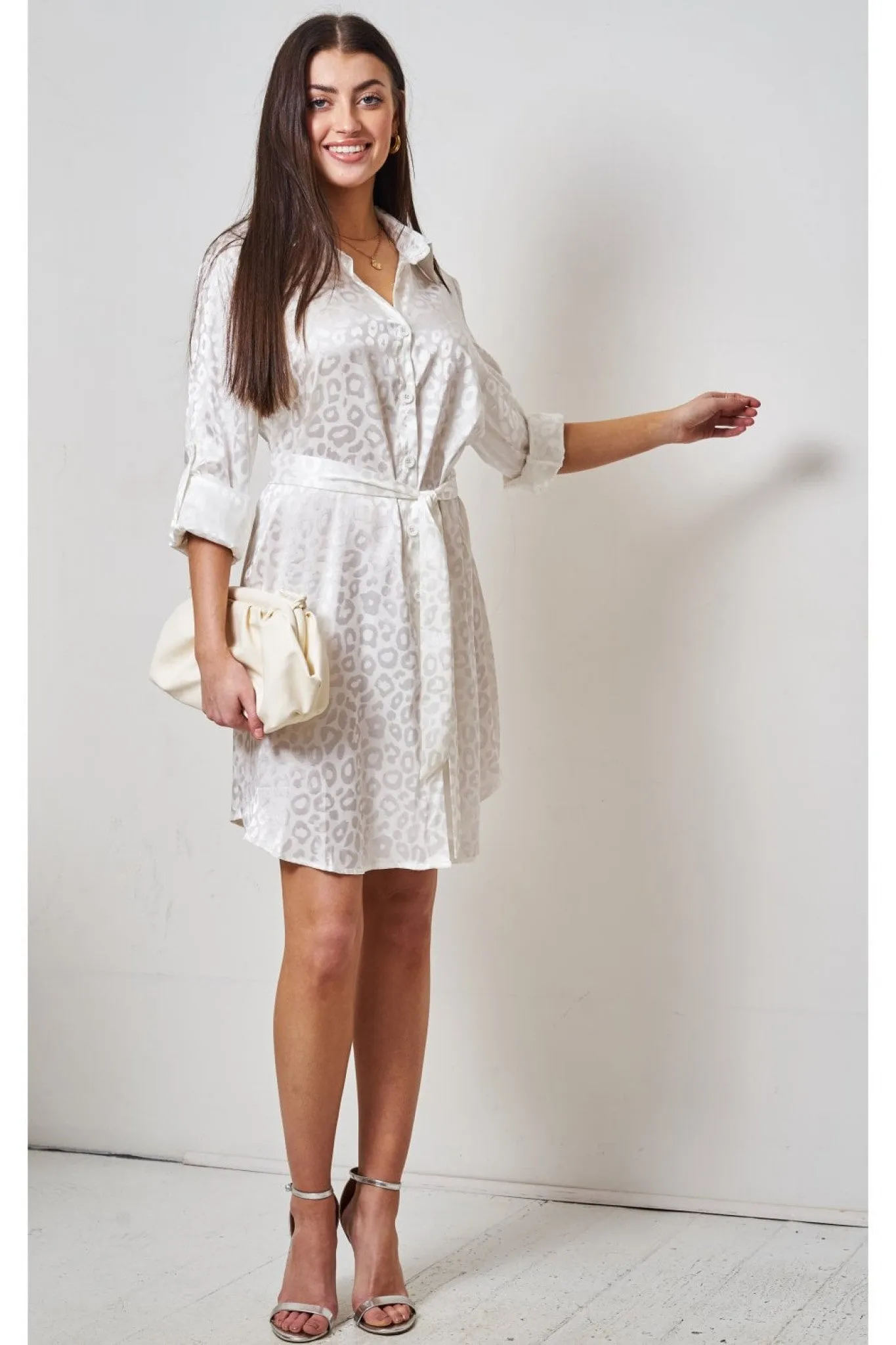 Love Frontrow White Jacquard Leopard Print Shirt Dress