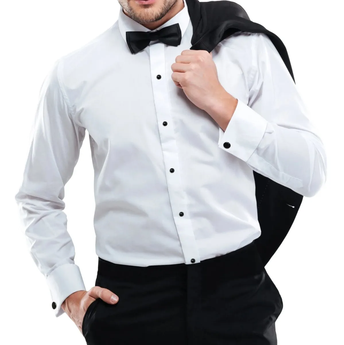 Men's Solid White Microfiber Formal Tuxedo Shirt - RENTAL