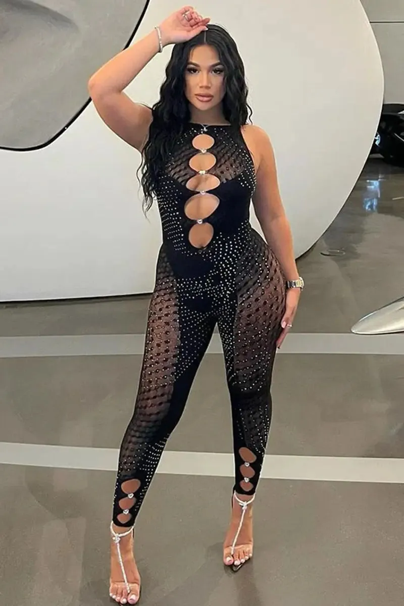 Mesh Skinny Cut Sleeveless Rhinestone Jumpsuit