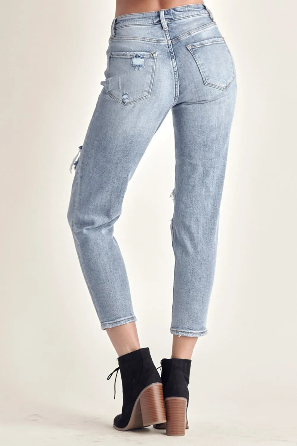 Mid Wash Distressed Slim Cropped Jeans