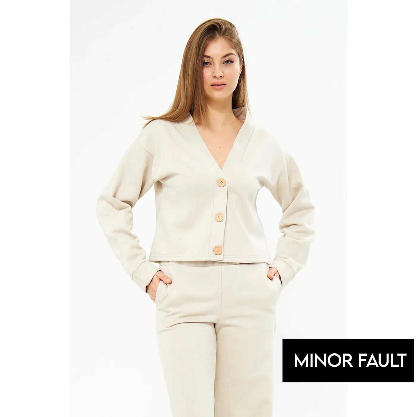 (Minor Fault) Cream Solid Button Cardigan