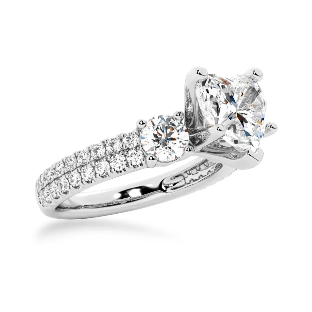 NEW Double Row Pave Three Stone Heart Shaped Moissanite Engagement Ring