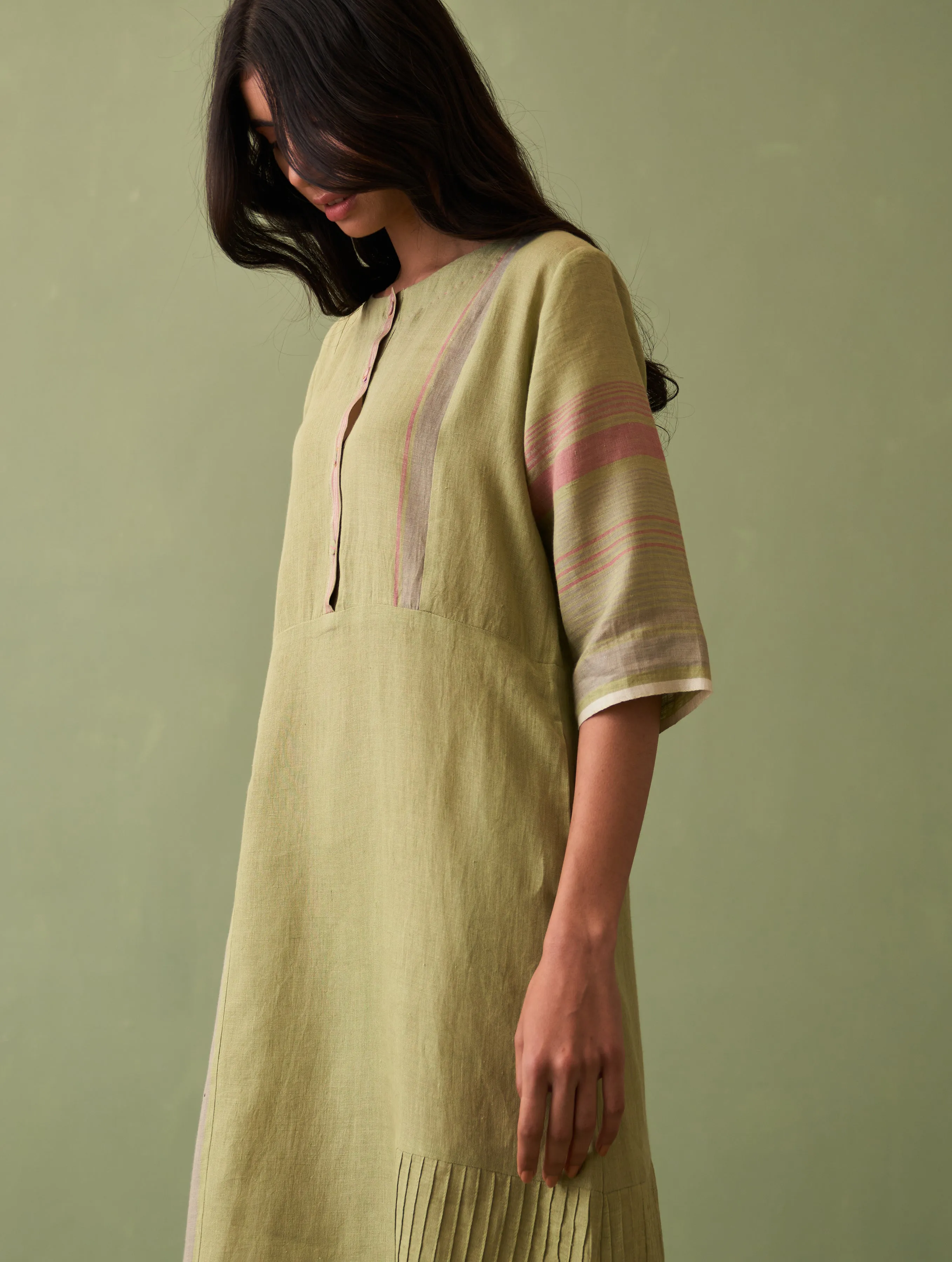 Nia Stripe Linen Dress - Fern