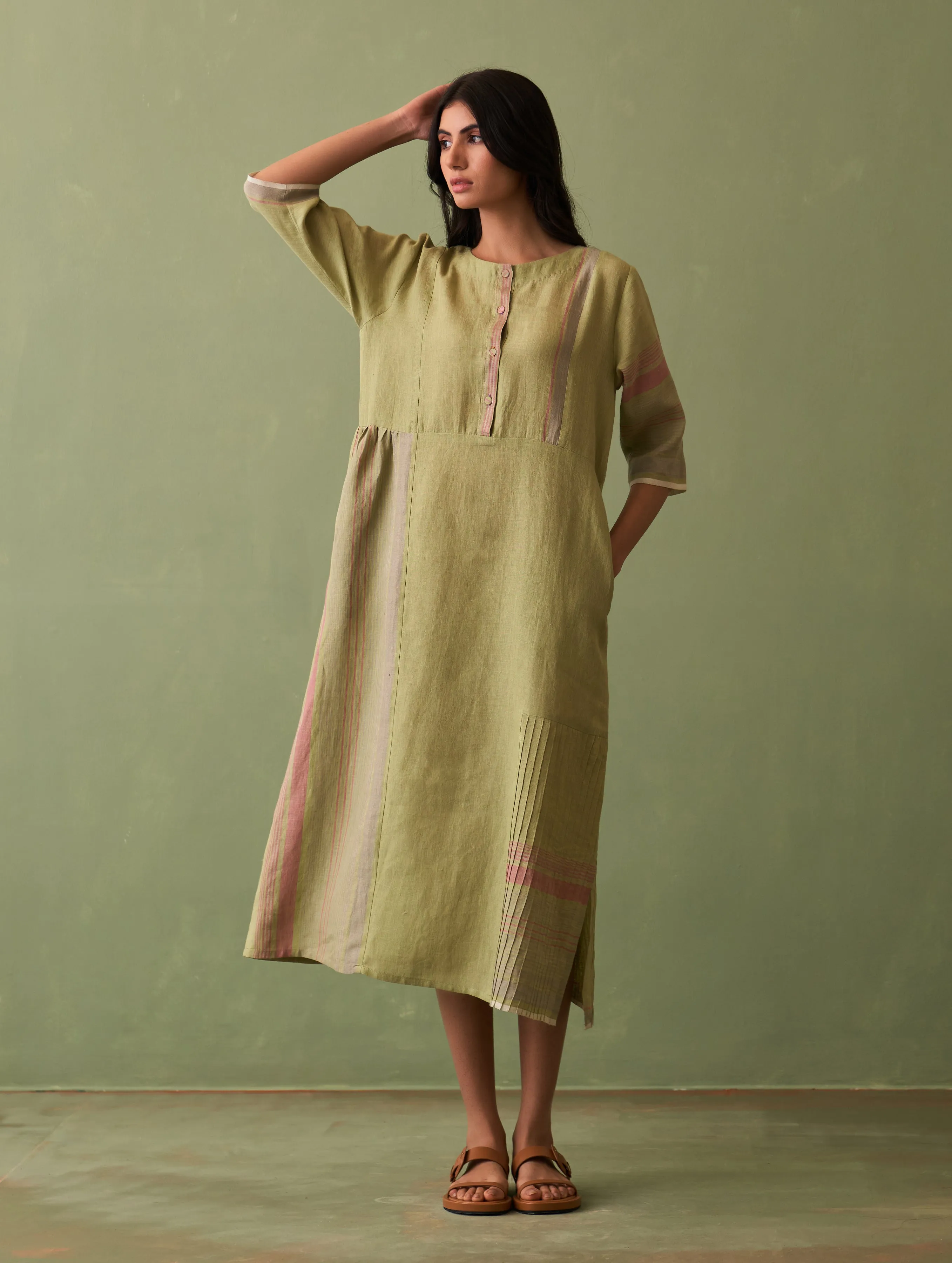 Nia Stripe Linen Dress - Fern