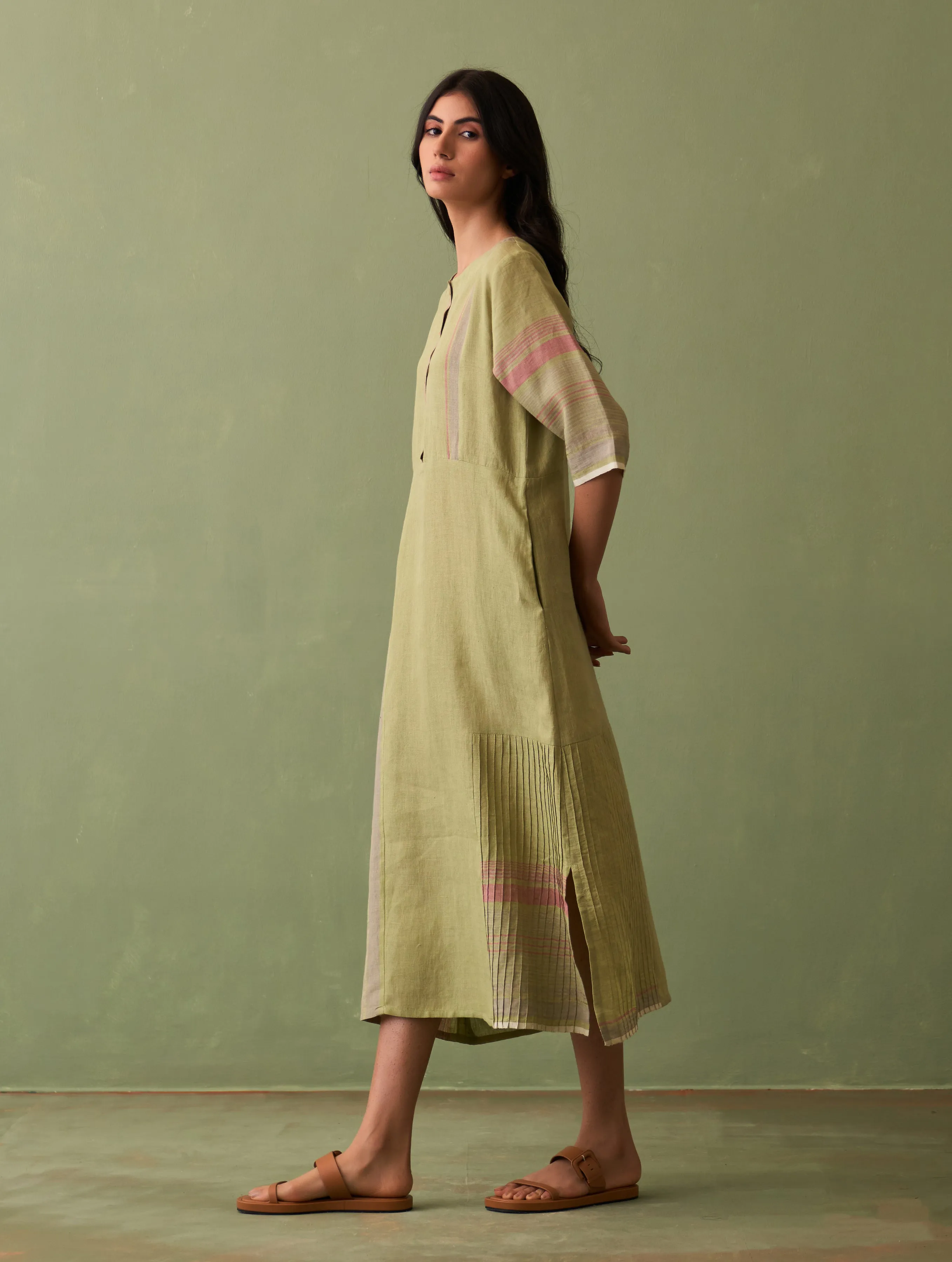 Nia Stripe Linen Dress - Fern