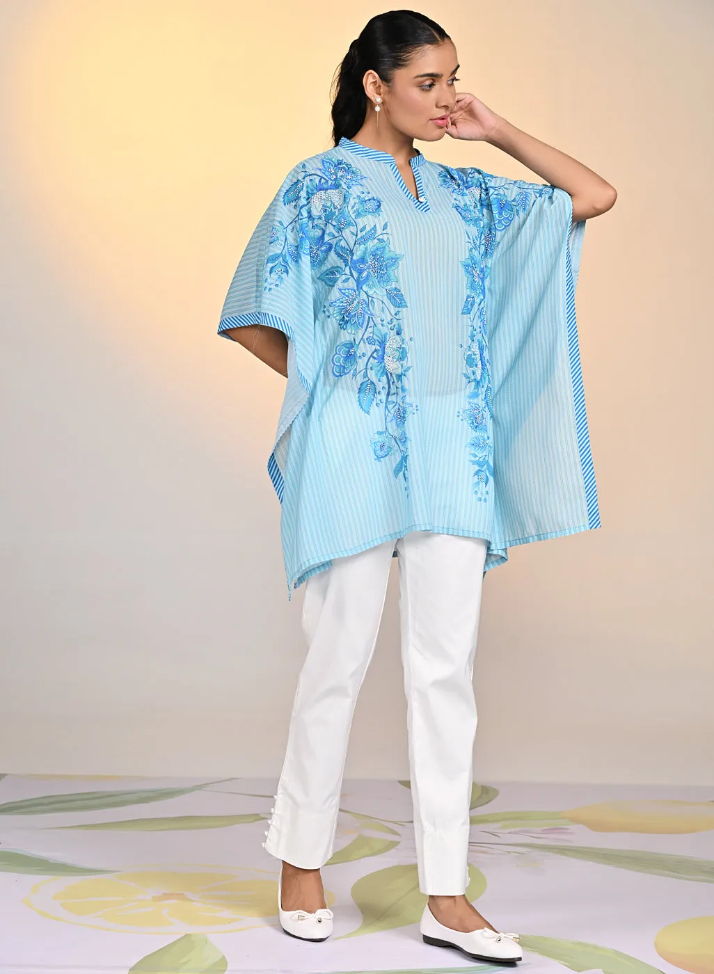 Nyasia Turquoise Printed Georgette Kaftan for Women