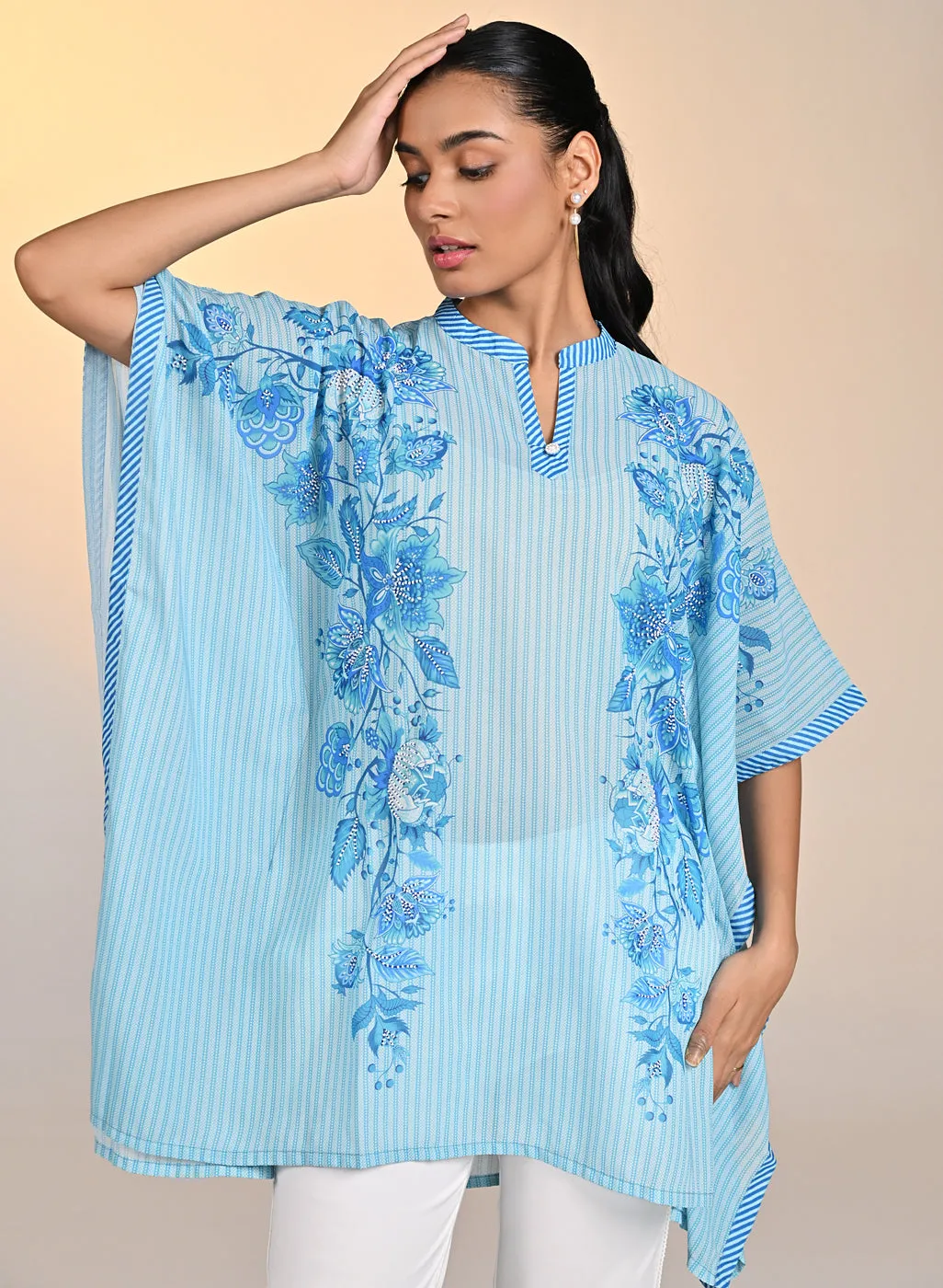 Nyasia Turquoise Printed Georgette Kaftan for Women