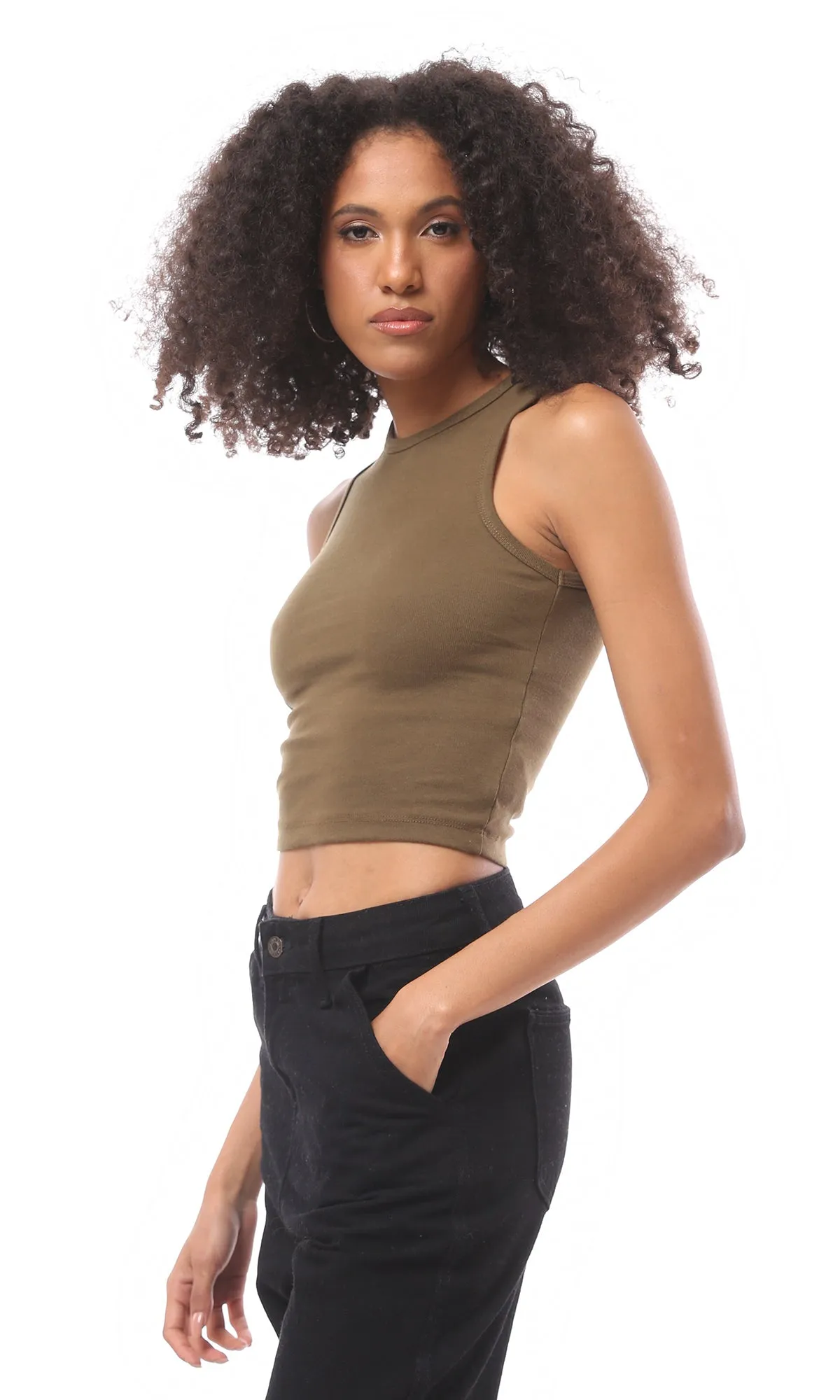 O166396 Slip On Sleeveless Solid Dark Khaki Cropped Tank Top