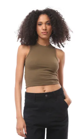 O166396 Slip On Sleeveless Solid Dark Khaki Cropped Tank Top