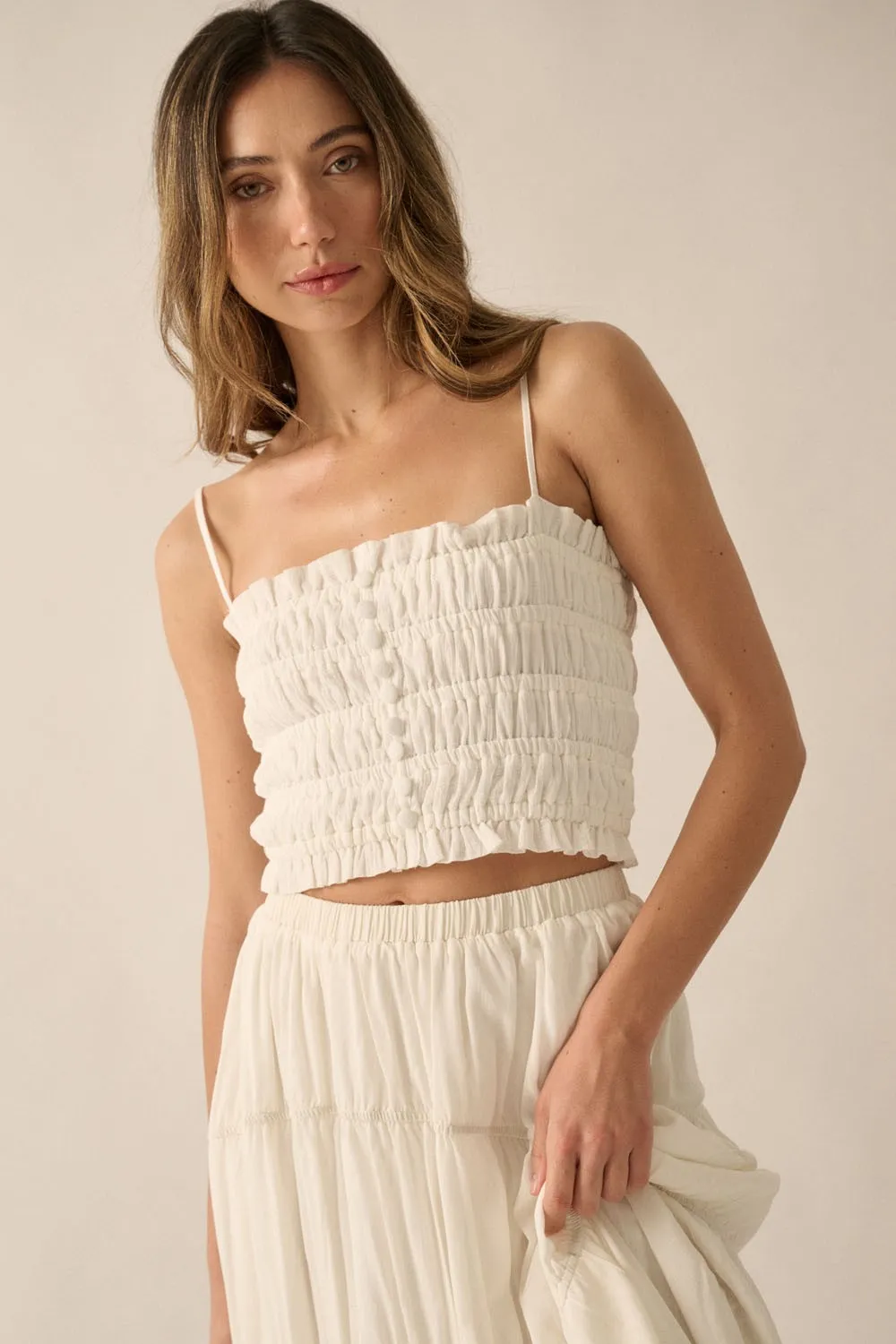 Off White Solid Smocked-Bodice Cropped Cami Top