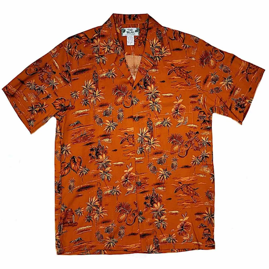 Old Hawaiian Retro Print with Pineapple and Palm Tree Shirt- Brown