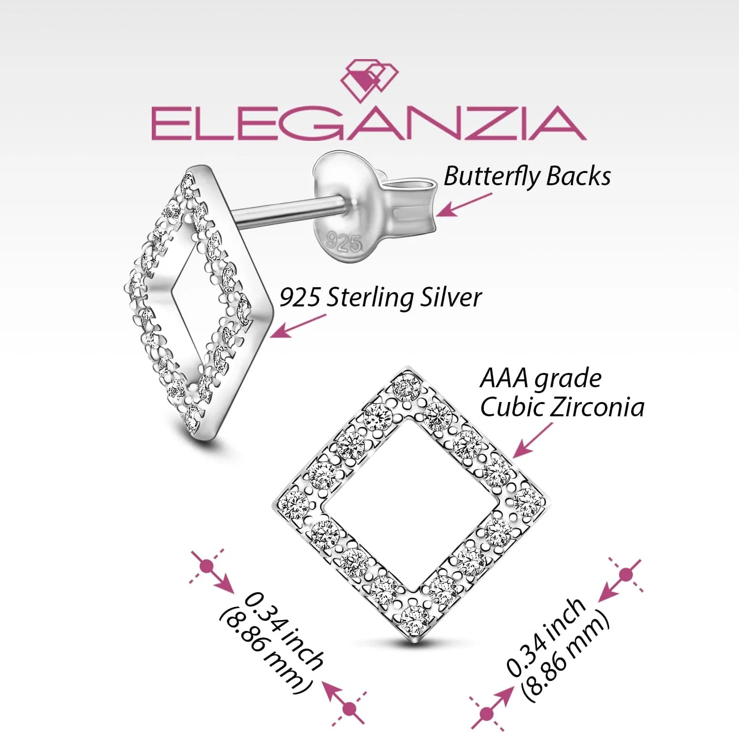 Open Square Cubic Zirconia Stud Earrings Silver