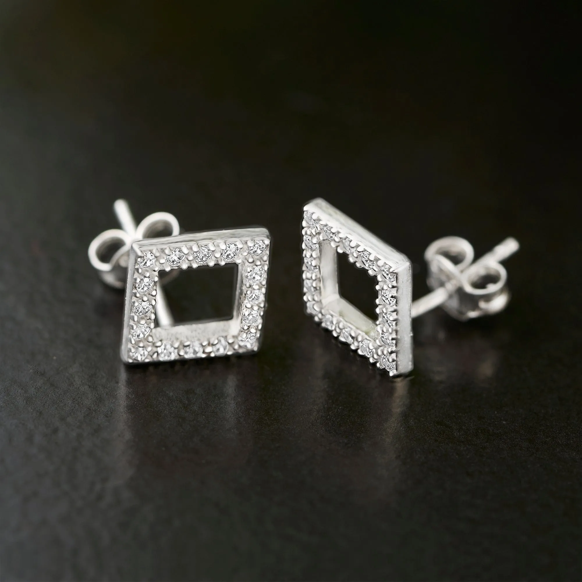 Open Square Cubic Zirconia Stud Earrings Silver