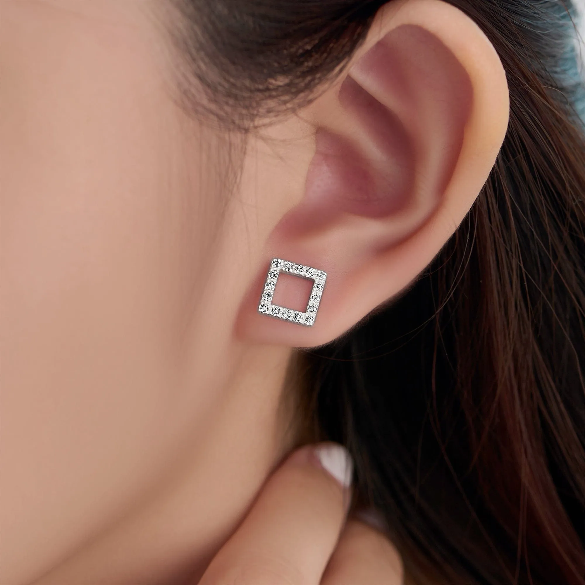 Open Square Cubic Zirconia Stud Earrings Silver