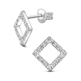 Open Square Cubic Zirconia Stud Earrings Silver