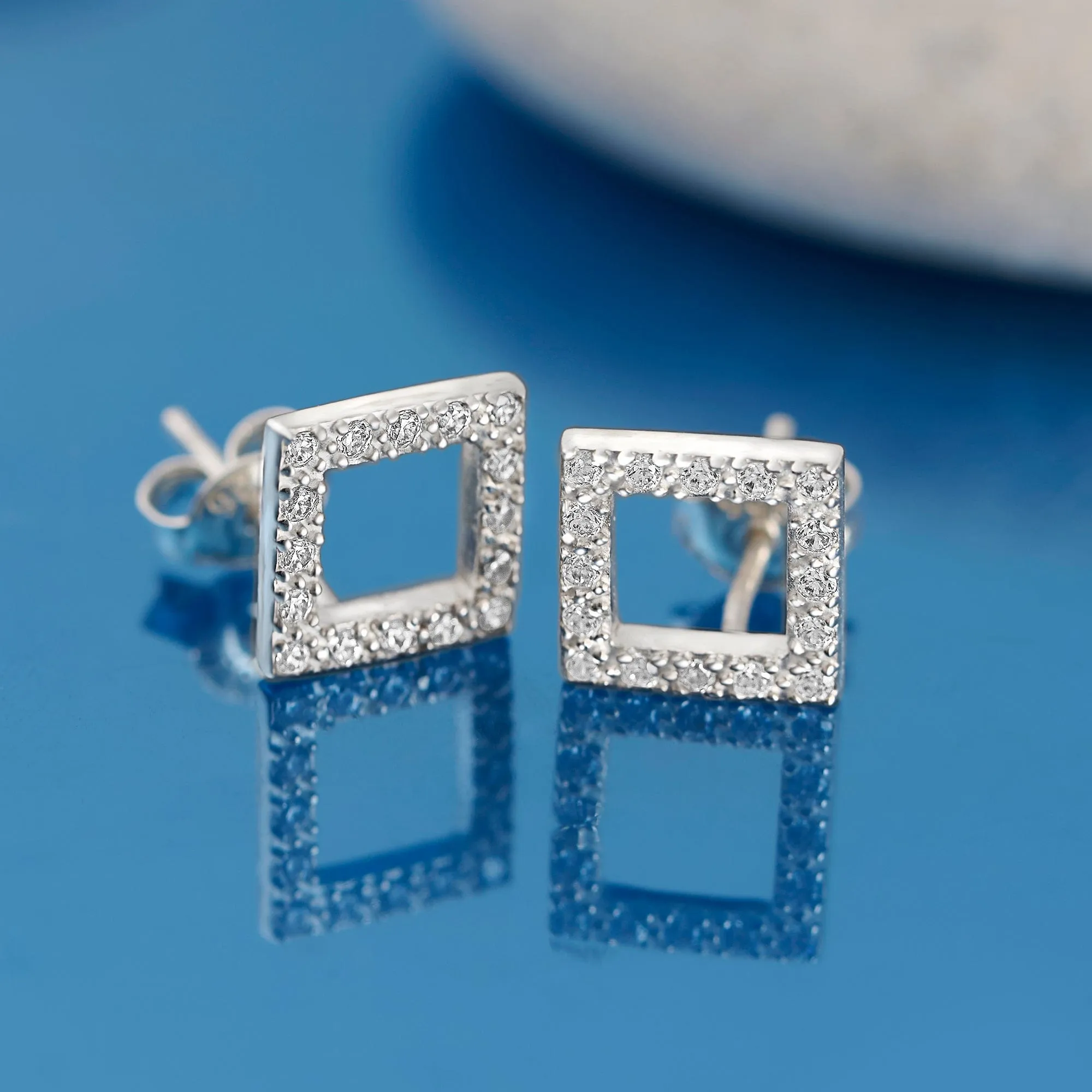 Open Square Cubic Zirconia Stud Earrings Silver