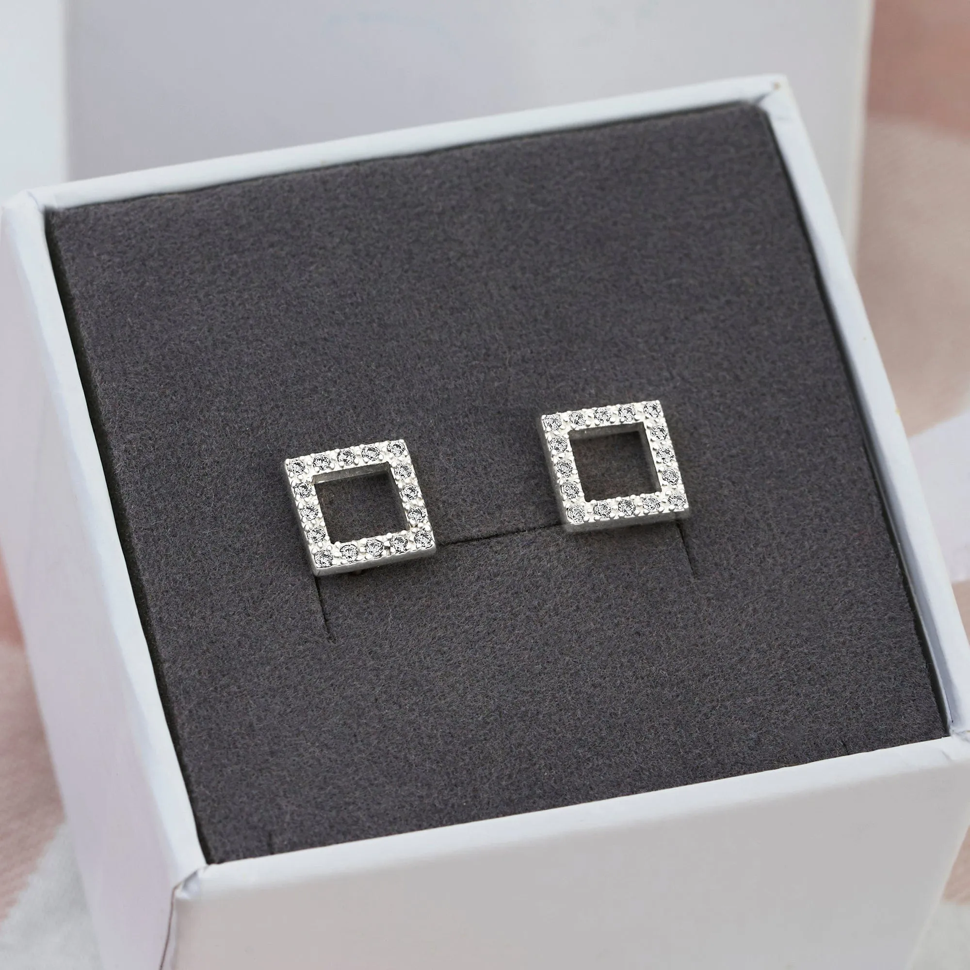 Open Square Cubic Zirconia Stud Earrings Silver