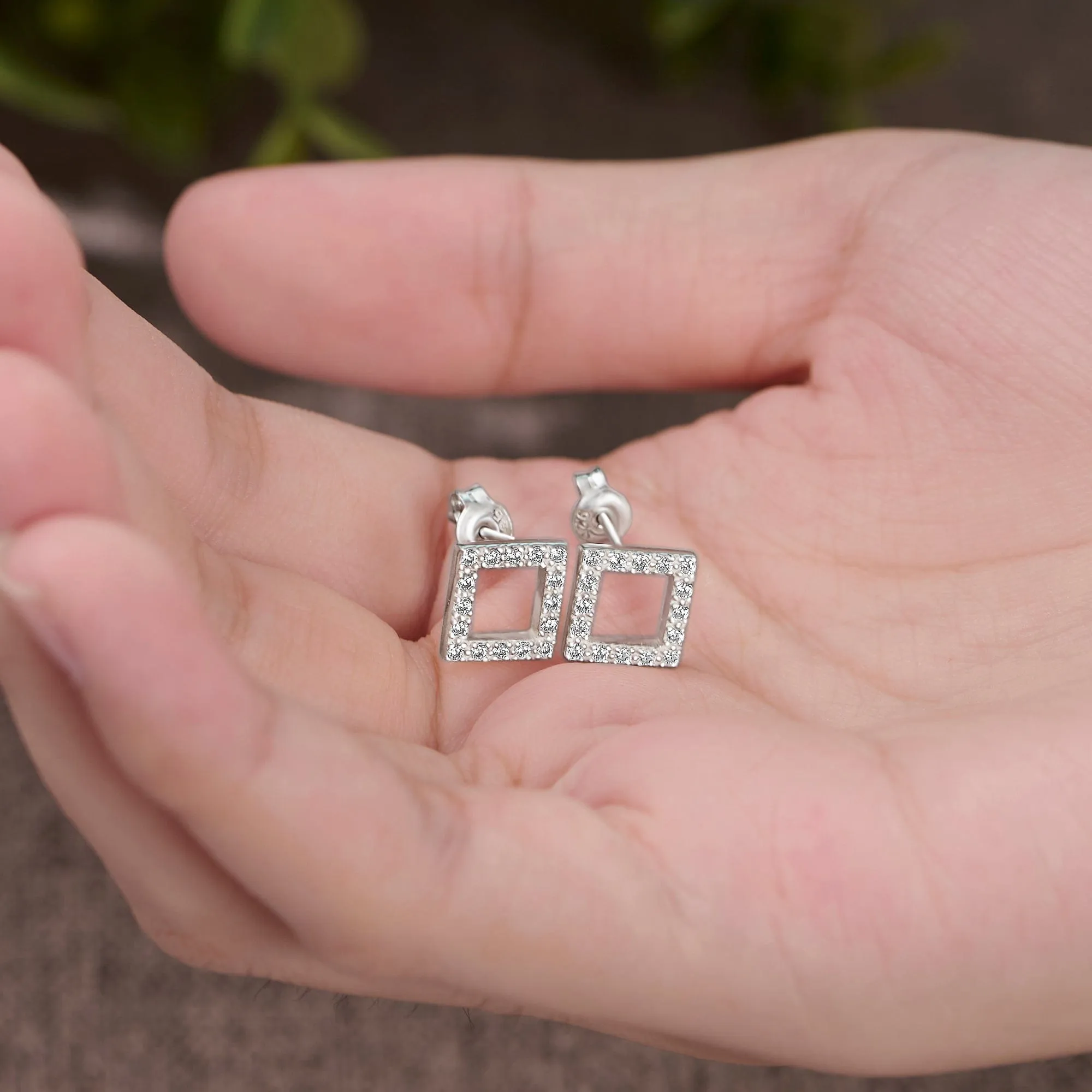 Open Square Cubic Zirconia Stud Earrings Silver