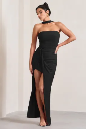 Paprika | Black Ruched Halter-Neck Bandeau Maxi Dress