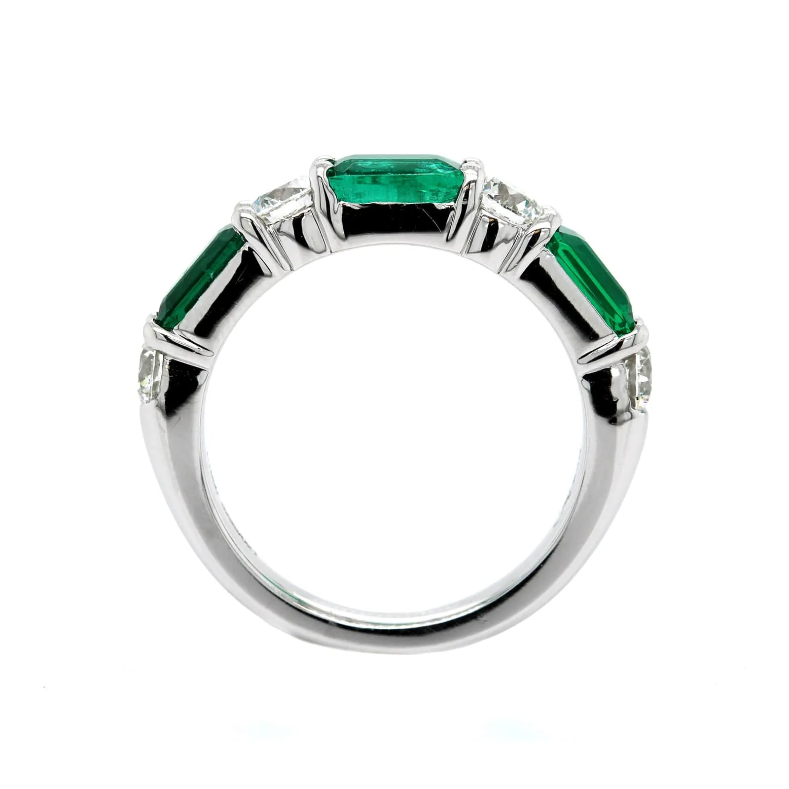 Platinum Shared Prong Emerald and Diamond Band