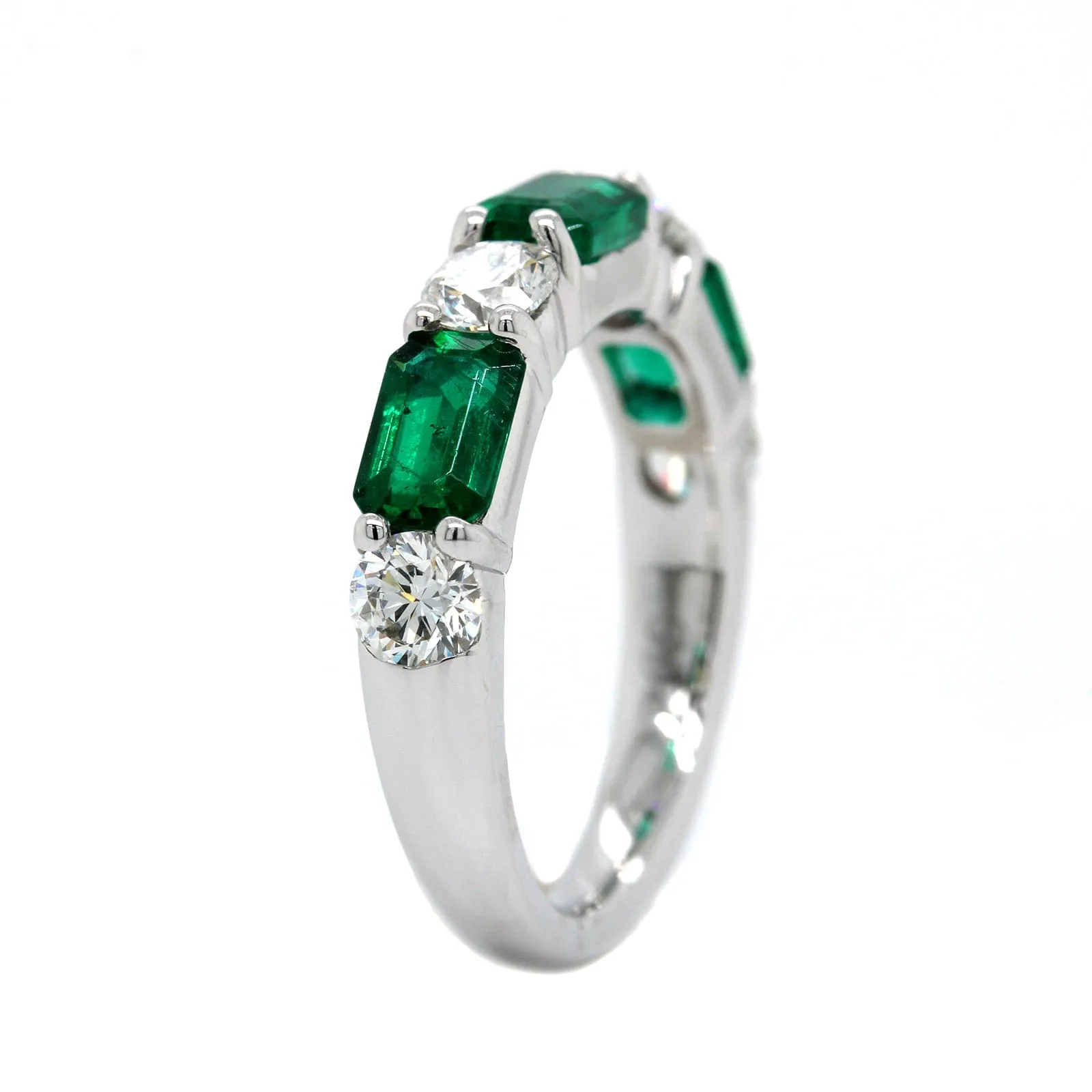 Platinum Shared Prong Emerald and Diamond Band