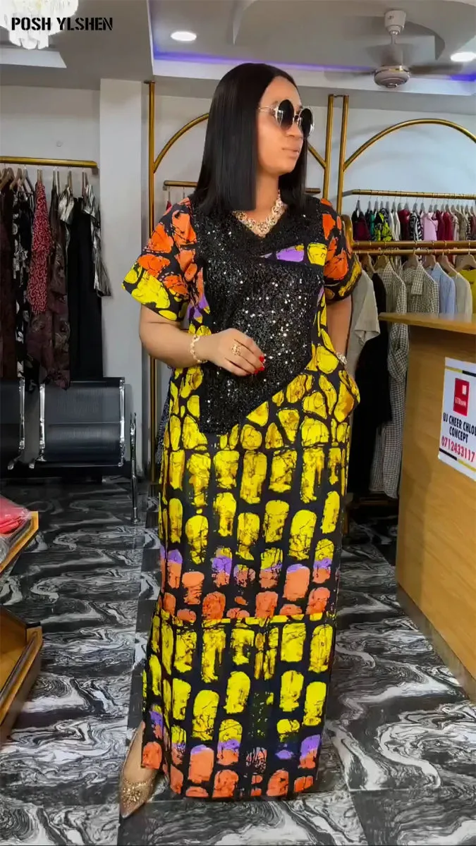 Plus Size African Abaya Dress for Women - Traditional Nigerian Luxury Sequin Caftan Long Maxi Robes