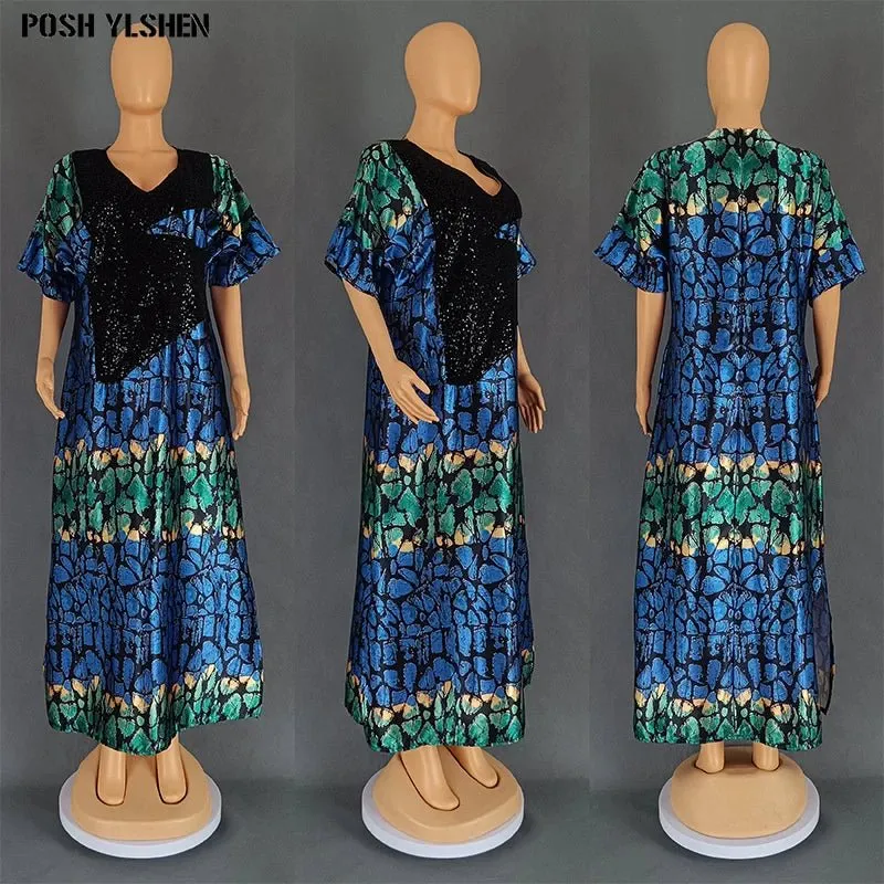 Plus Size African Abaya Dress for Women - Traditional Nigerian Luxury Sequin Caftan Long Maxi Robes