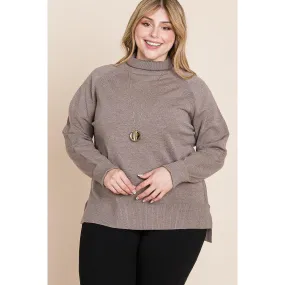 Plus Size High Quality Buttery Soft Solid Knit Turtleneck Two Tone High Low Hem Sweater