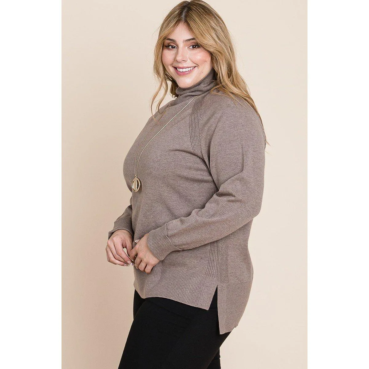 Plus Size High Quality Buttery Soft Solid Knit Turtleneck Two Tone High Low Hem Sweater