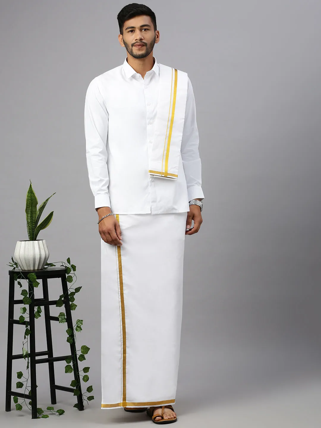 Premium Wedding White Readymade Dhoti Shirt & Towel Set Dhanvanthri