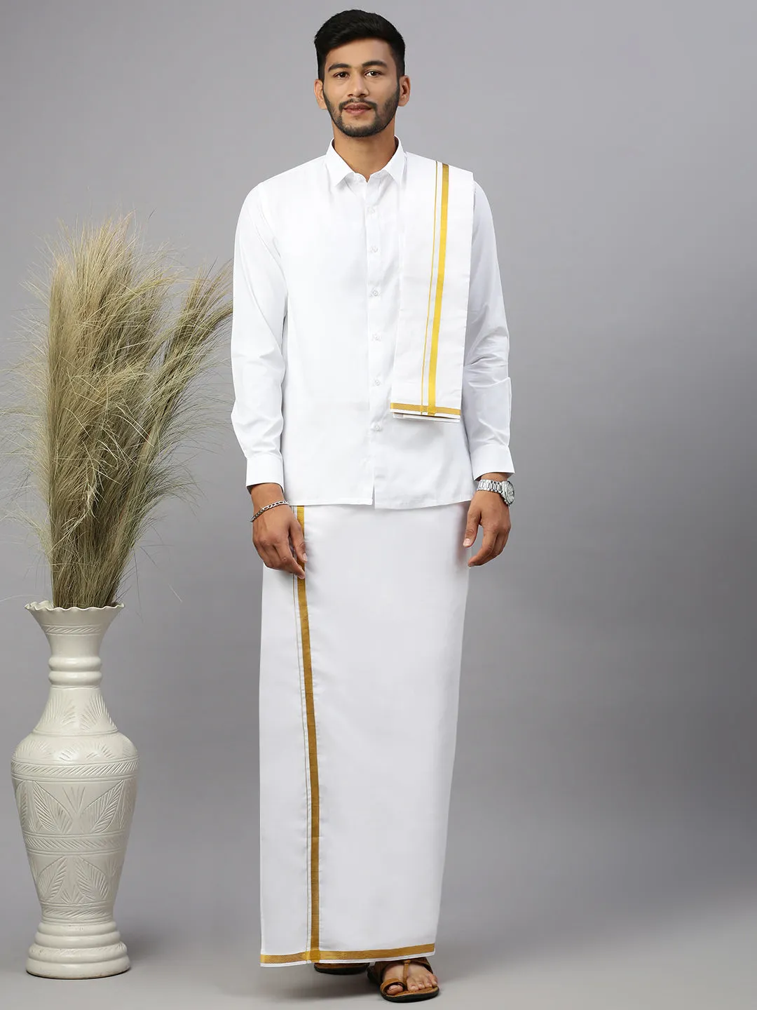 Premium Wedding White Readymade Dhoti Shirt & Towel Set Dhanvanthri