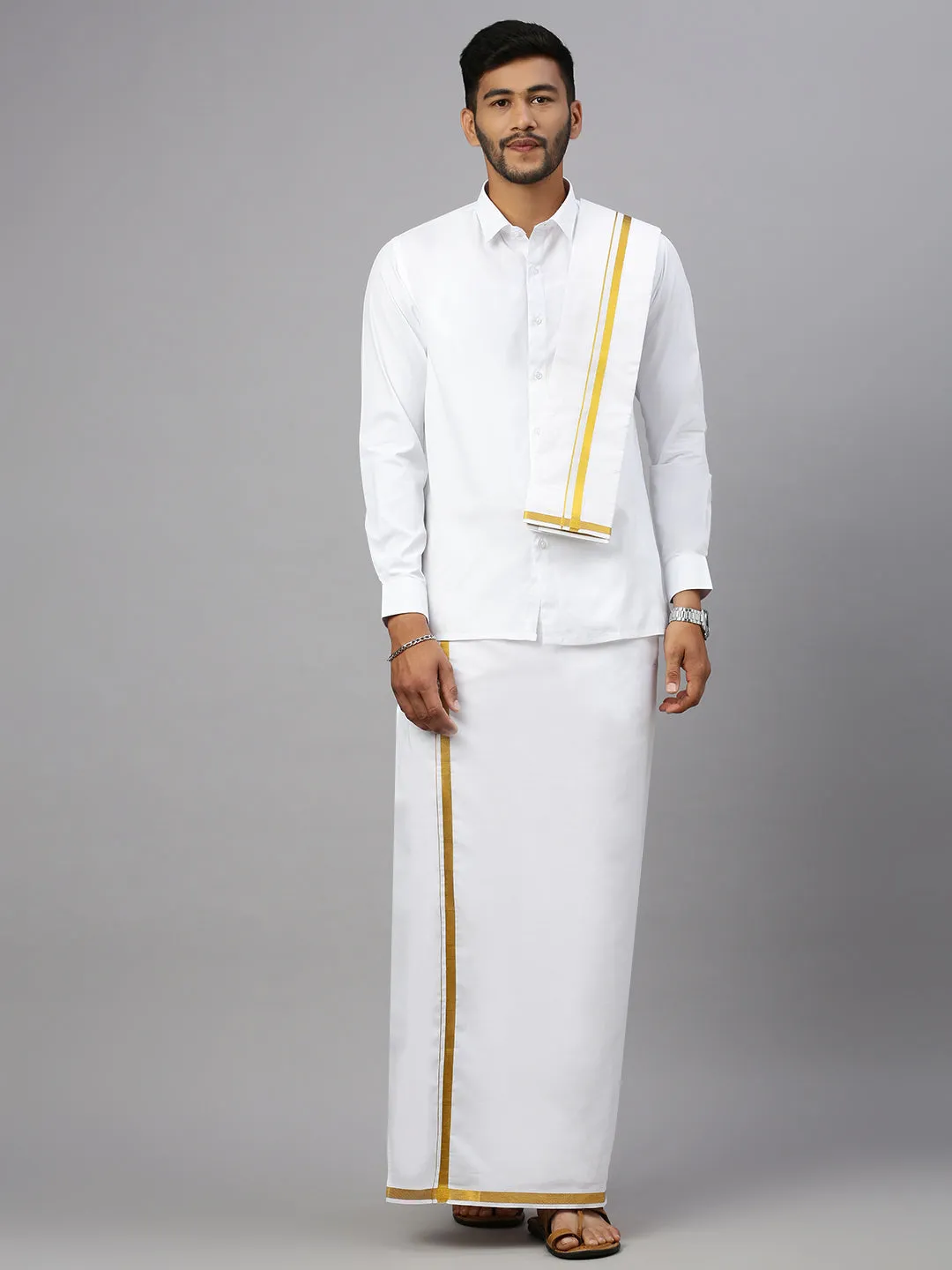 Premium Wedding White Readymade Dhoti Shirt & Towel Set Dhanvanthri