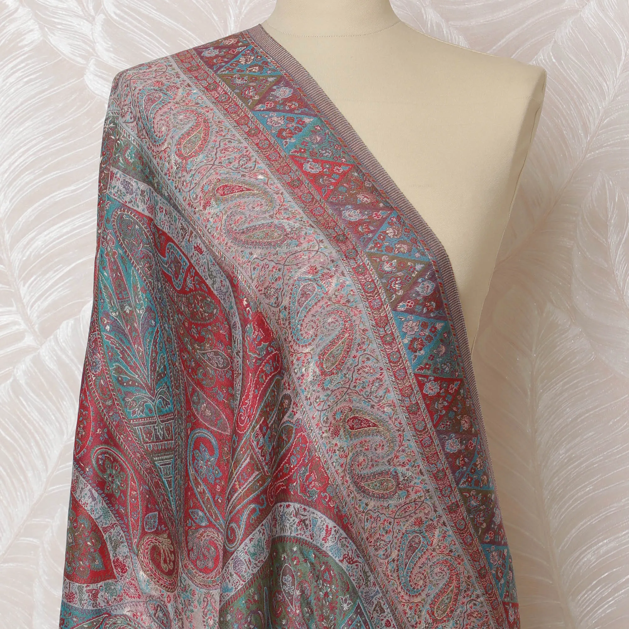 Red and Teal Paisley Silk Jacquard Dupatta with Fringed Edges – 235 X 95 Cms, India-D20310