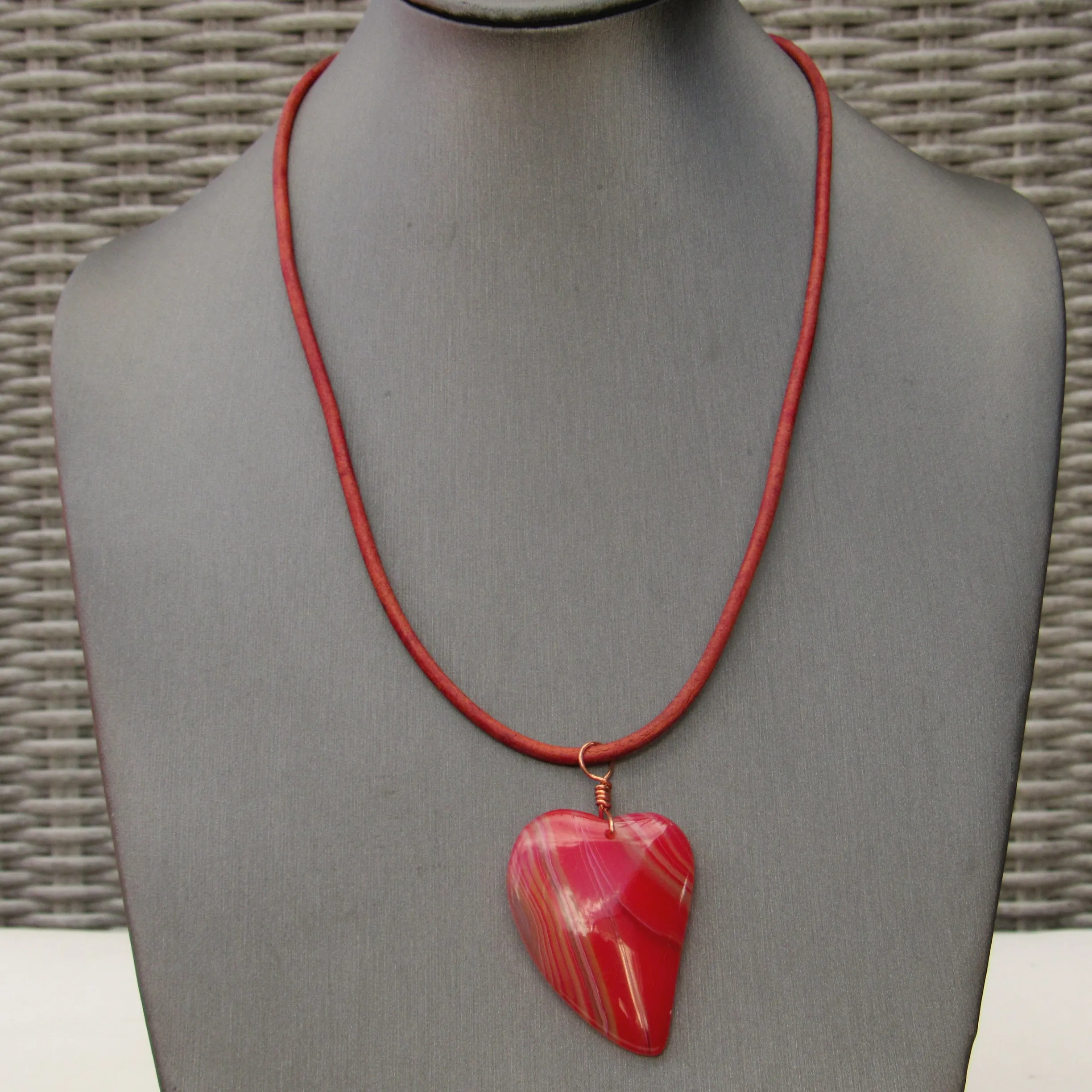 Red Banded Agate gemstone on Leather Necklace