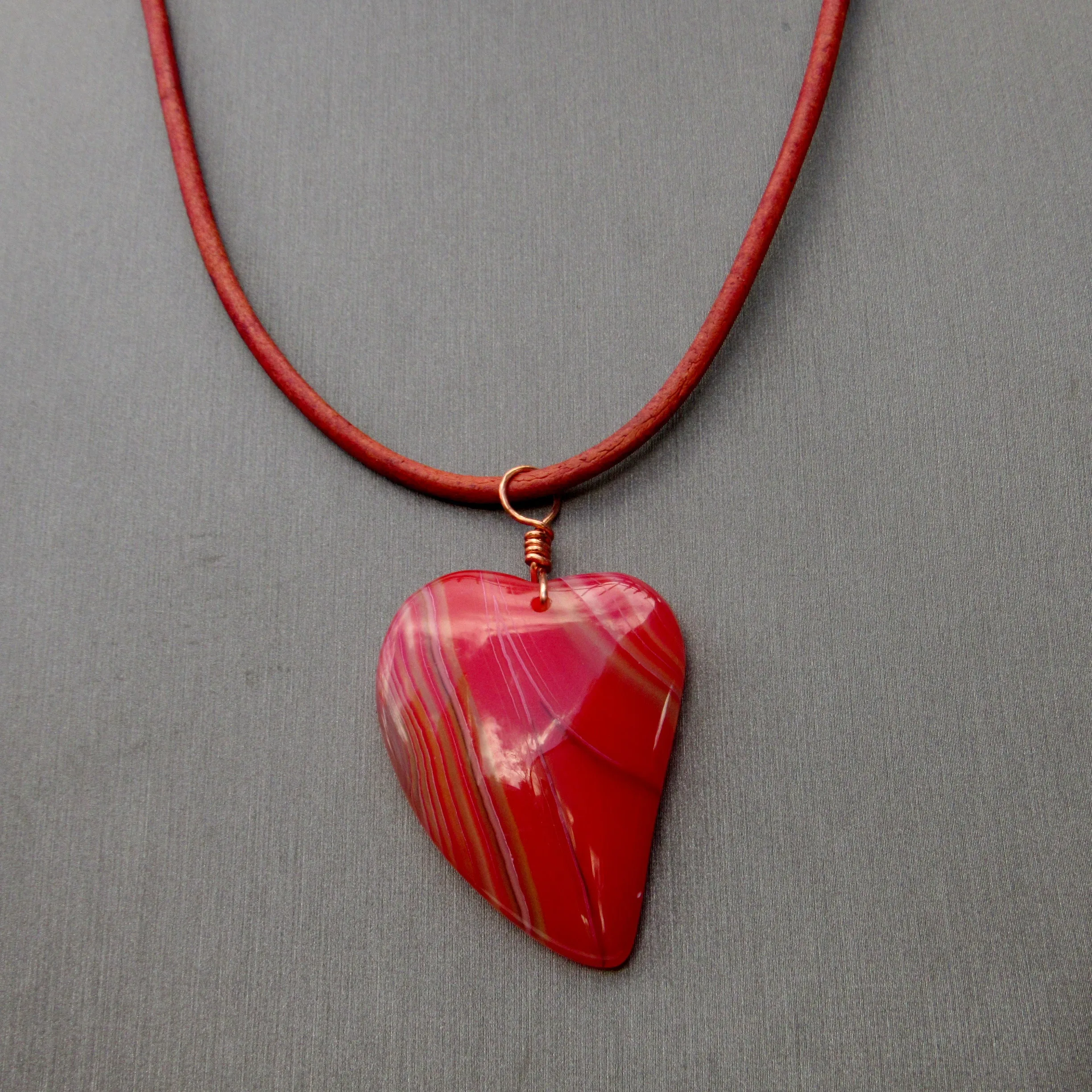 Red Banded Agate gemstone on Leather Necklace