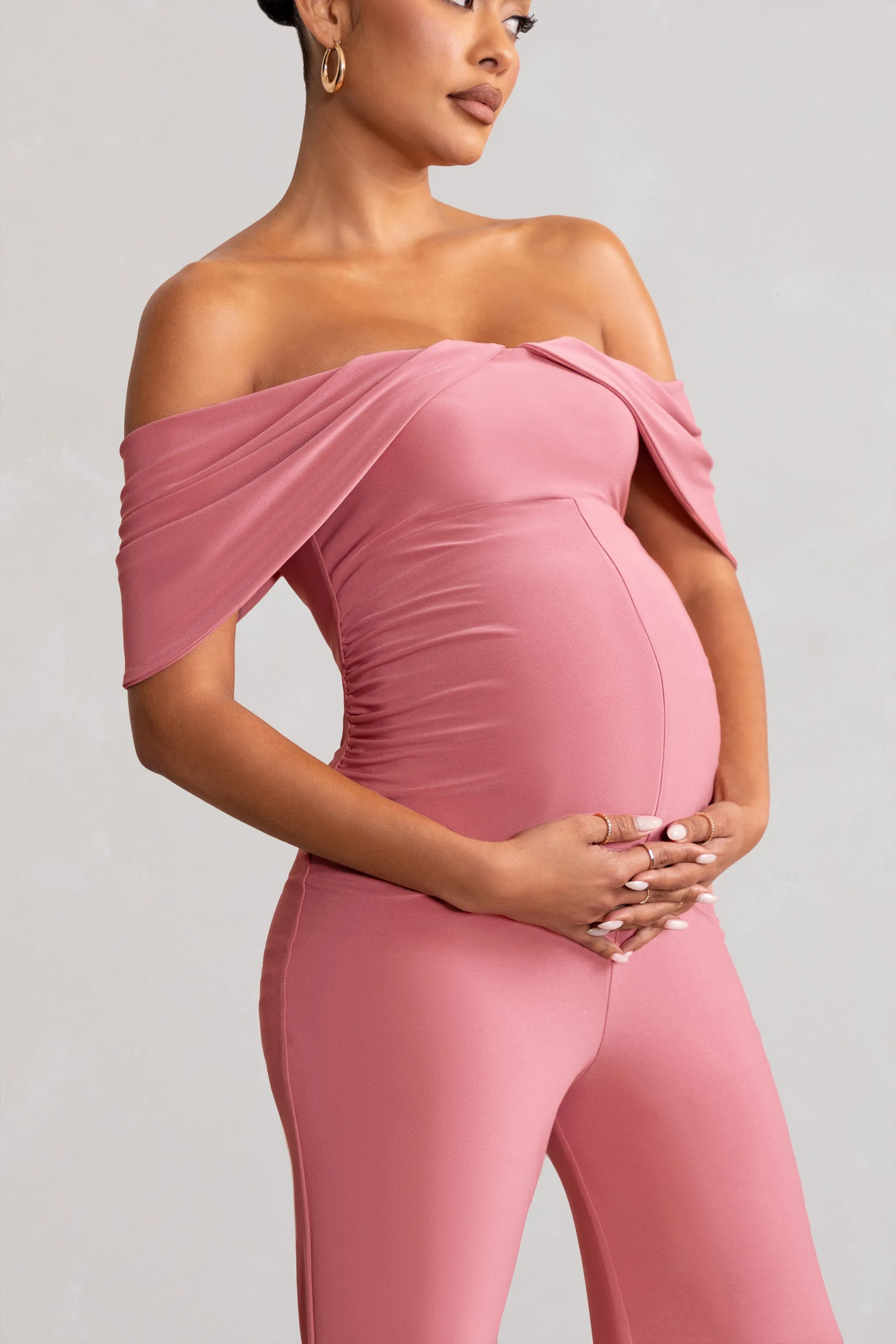 Renata | Blush Pink Draped Sleeve Bardot Maternity Jumpsuit