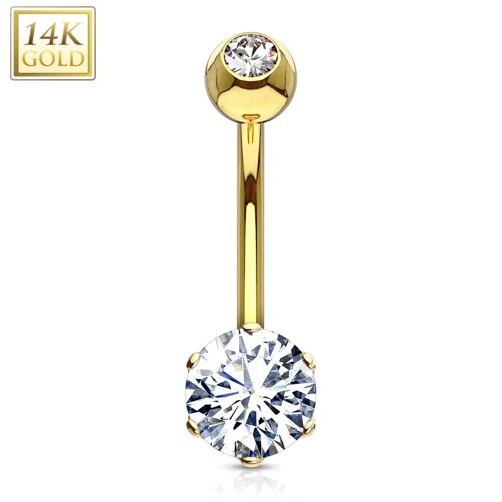 Round 6mm Prong Set CZ with 14 Karat Solid Yellow Gold Navel Ring