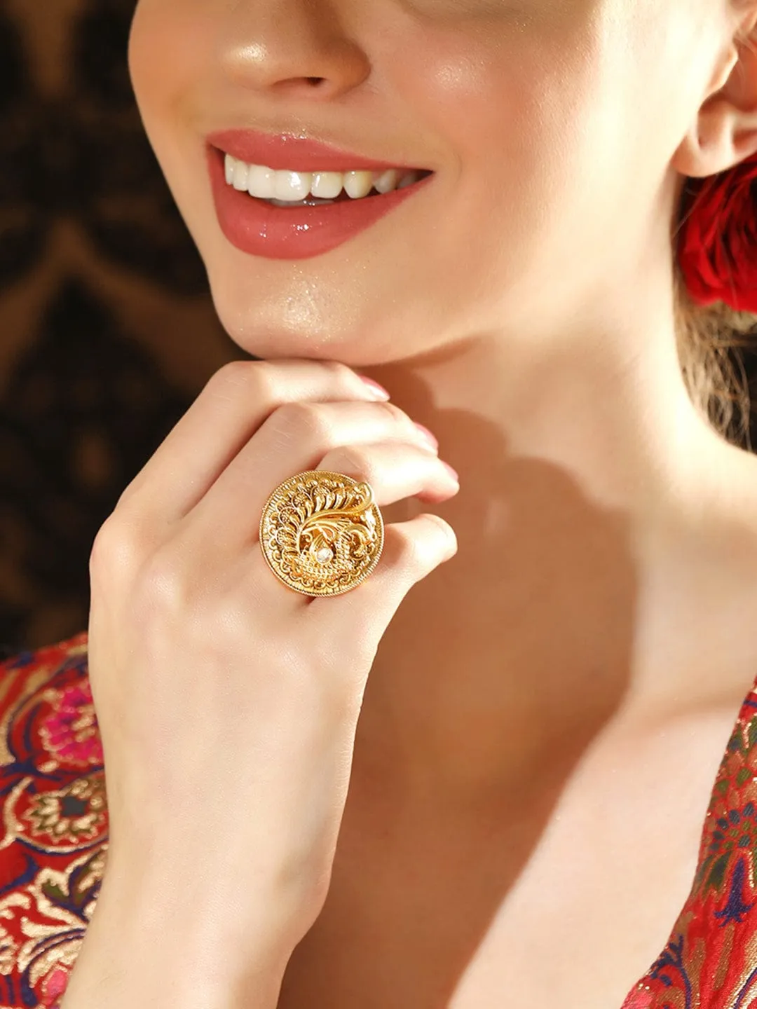 Rubans Luxury 22K Pure Gold Plated Finely Detailed Peacock Statememt Ring.