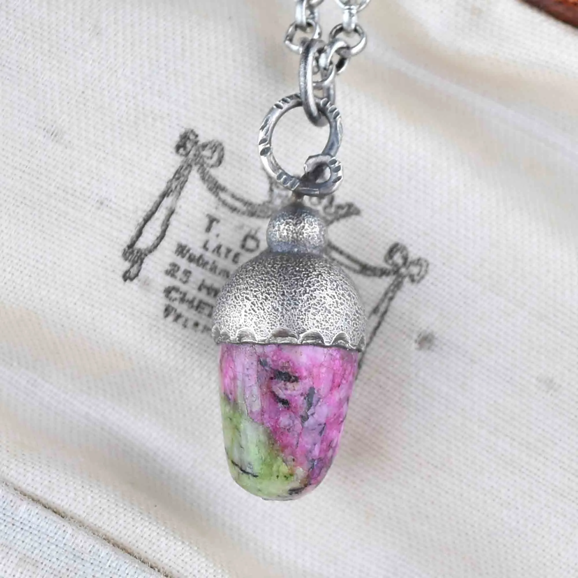 Silver Pink Marble Acorn Pendant Necklace