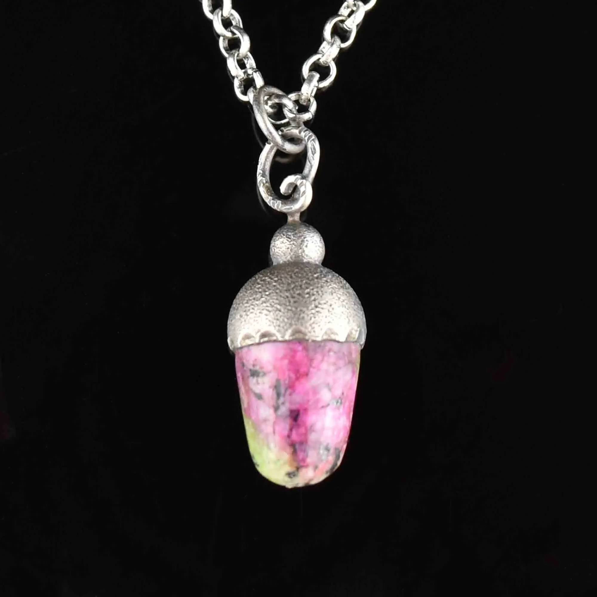 Silver Pink Marble Acorn Pendant Necklace